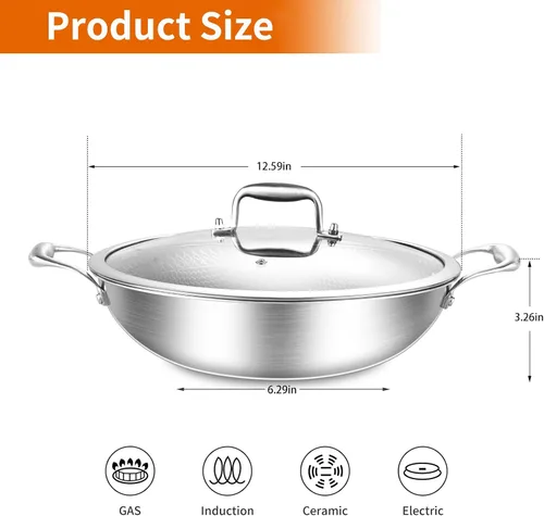Vista 5 de DELARLO Wok con Tapa de 12 Pulgadas Wok Antiadherente, Apto para Horno Hasta 600℉, Woks y Sartenes para Freír Antiadherentes, Wok de Acero