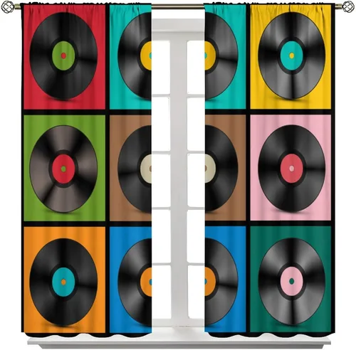 Vista 2 de Cortinas de música retro, discos musicales, álbum musical, guitarra de rock, decoración de bolsillo para barra, tratamientos de ventana para niños