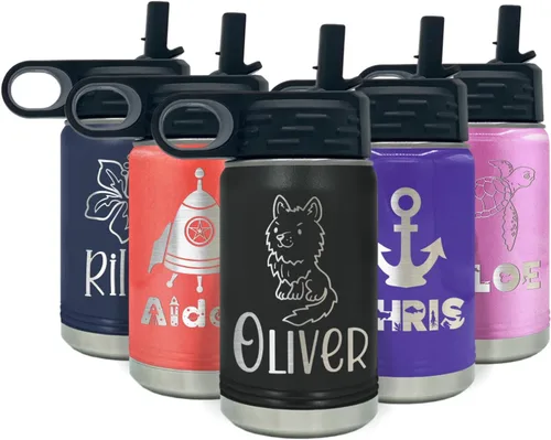 Vista 30 de Botella de agua para niños personalizada con nombre en botella de agua aislada con anillo verde mate de 12 onzas