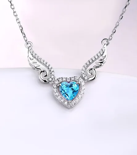 Vista 7 de Fine Jewelry - Collar con colgante de plata de ley 925, piedra preciosa natural, topacio azul suizo, amatista, peridoto, amor, corazón, alas de ángel