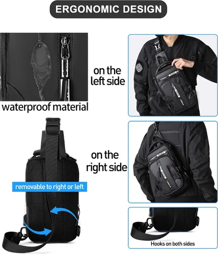 Vista 15 de Mochila cruzada pequeña negra para hombre y mujer, H-Negro, S, Moda