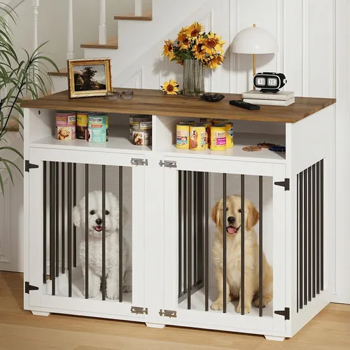 Vista 9 de Jaula para perros de 72 pulgadas para 2 perros, jaula de madera para perros con compartimento de almacenamiento, perrera de interior con 4 puertas