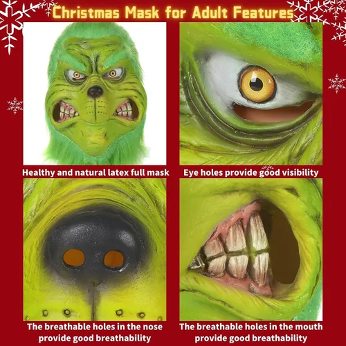 Vista 5 de Blafly Máscara de Navidad para adultos, hombres y mujeres, máscaras realistas de látex de monstruo grande verde, divertidas máscaras de Halloween