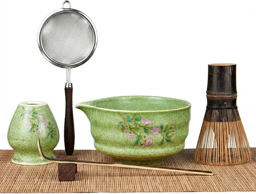 Vista 9 de Juego de batidor Matcha de 7 piezas con cuenco de matcha hecho a mano y batidor de bambú morado de 100 puntas (Chasen), kit completo de matcha