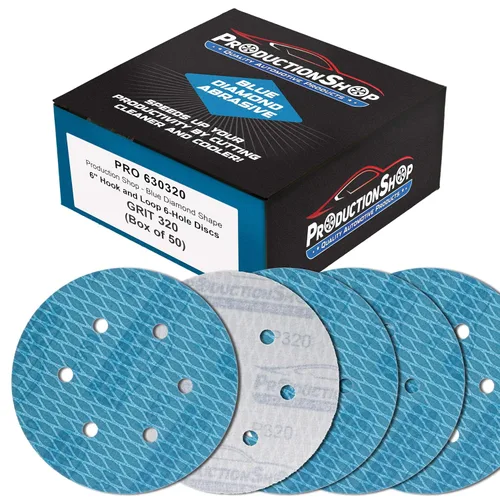 Vista 7 de ProductionShop Premium - Discos de lijado azules con forma de rombo de grano 80 de 6 pulgadas, 6 agujeros, caja de 50 – Papel de lija sin polvo