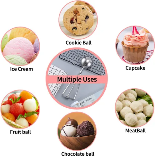 Vista 5 de Juego de 3 cucharas de helado con gatillo de acero inoxidable 18/8, cucharas de galletas para hornear albóndigas, cuchara de melón para frutas