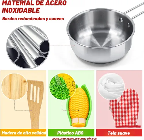 Vista 5 de Juego de accesorios de cocina para niños, juego de 32 artículos de ollas y sartenes de acero inoxidable con organizador de estante, utensilios