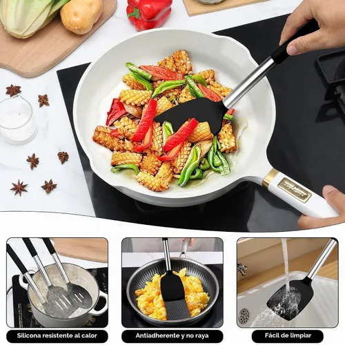 Vista 6 de Onader Juego de 10 utensilios de cocina de silicona, con soporte y mango de acero inoxidable resistente al calor para utensilios de cocina Negro