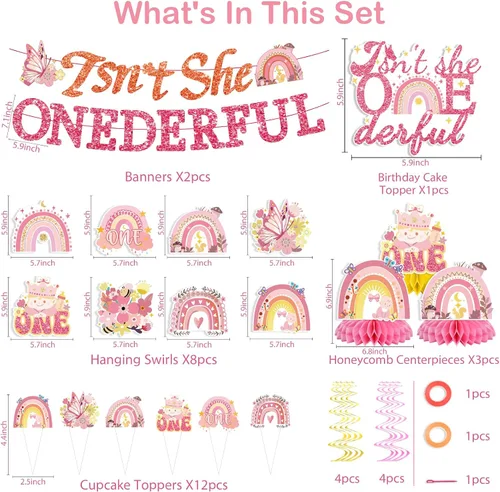 Vista 2 de 35 decoraciones de cumpleaños con texto en inglés "Isn't She Onederful", decoraciones de primer cumpleaños para niñas, fácil instalación, incluye