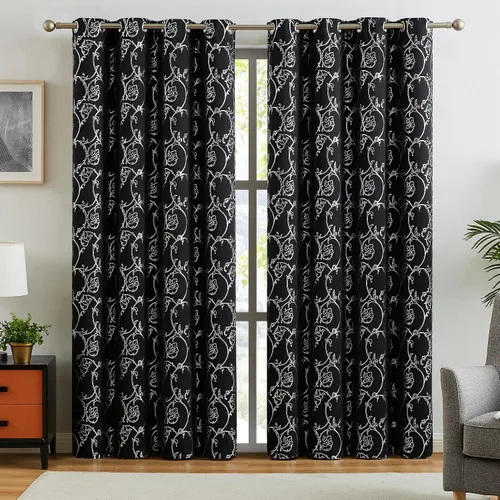 Vista 2 de Enactex Cortinas 100% opacas de 84 pulgadas de largo para dormitorio, cortinas con patrón floral plateado para sala de estar, oscurecimiento