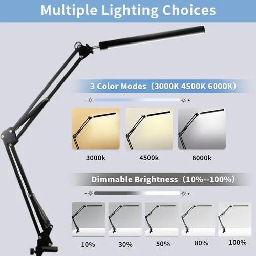 Vista 4 de Lámpara de escritorio LED con abrazadera, luz de escritorio con abrazadera, lámpara de brazo oscilante incluye 3 modos de color y 10 brillo