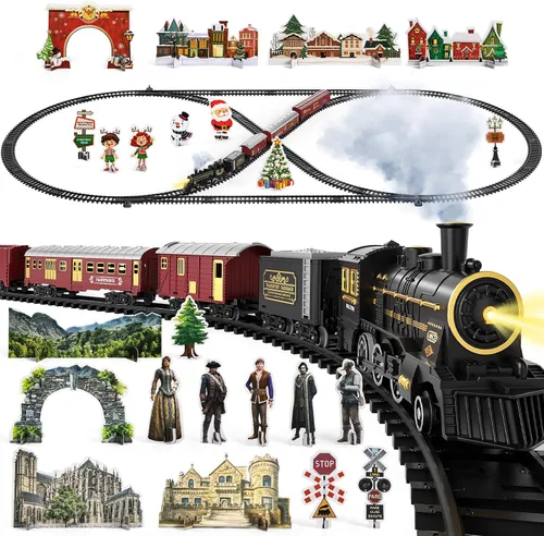 Vista 6 de TEMI Juego de tren para niños de 3 a 12 años, locomotora eléctrica clásica con vapor, luz y sonidos, modelo recargable, kit de trenes de juguete
