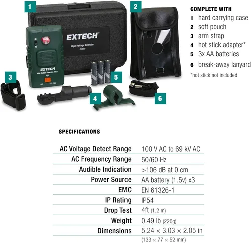 Vista 7 de Extech DV690 Detector de alto voltaje sin contacto, hasta 69 kV 100V-69kV CA, alarma de 106dB, LED rojo, 5 opciones de montaje, IP54, prueba