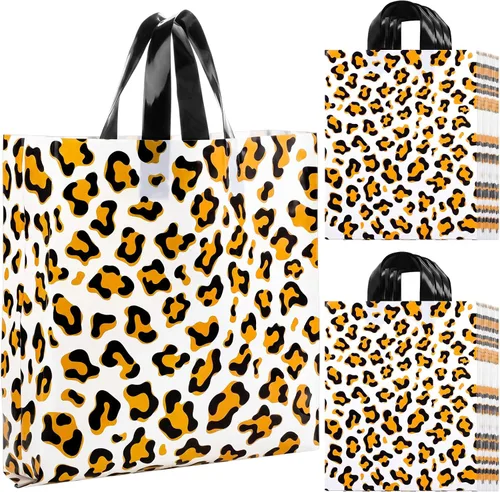 Vista 12 de Woanger 100 bolsas de compras de leopardo de plástico con estampado de guepardo, bolsa de regalo de leopardo para pequeñas empresas, fiesta