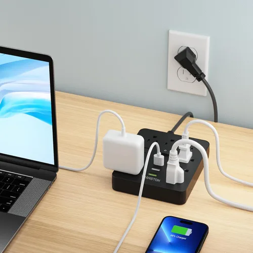 Vista 9 de Regleta protectora contra sobretensiones con 9 tomacorrientes, 3 puertos USB, estación de carga de escritorio ignífuga con enchufe plano