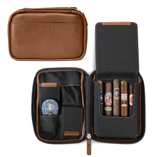 Vista 7 de CASE ELEGANCE Klaro - Funda de viaje para 5 puros, protección rígida, color negro Cuero, 2 bolsillos para accesorios, bolsillo de humidificación