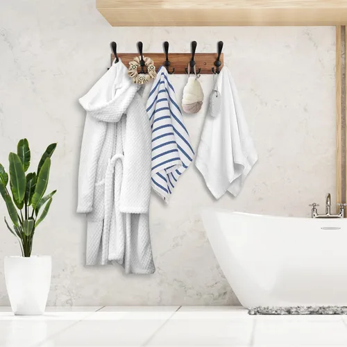 Vista 5 de Kuhome Perchero de madera para colgar sombreros de pared, tablón de madera real de pino de 16.9 pulgadas, color marrón, con 5 ganchos triples