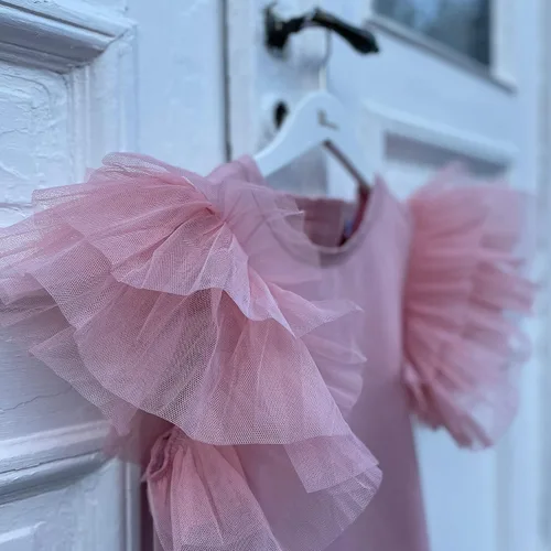 Vista 3 de Vestido de niña para bebé, con enormes capas de mangas de tul con alas - Traje de fiesta perfecto, vestidos para ocasiones especiales para niñas