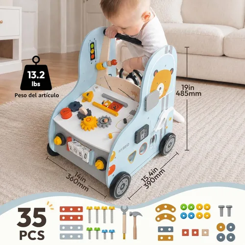 Vista 3 de Giant bean - Andador de bebé de madera con centro de actividades – Herramienta con tema de tráfico de automóviles, clasificador de formas de banco