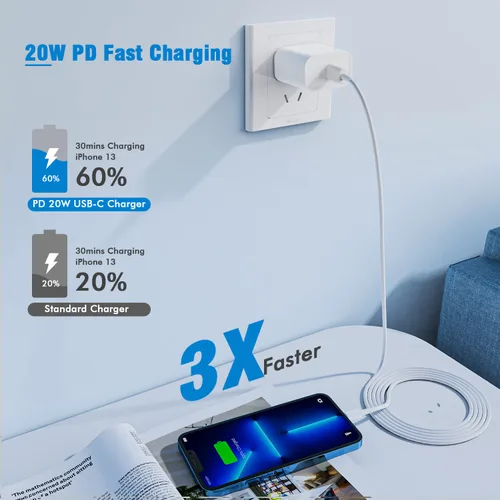 Vista 3 de Bloque de Cargador para iPhone 15 14 13, Cargador USB C de 20W PD, Cargadores de Pared de Tipo C, Adaptador de Suministro de Energía USB-C Duradero
