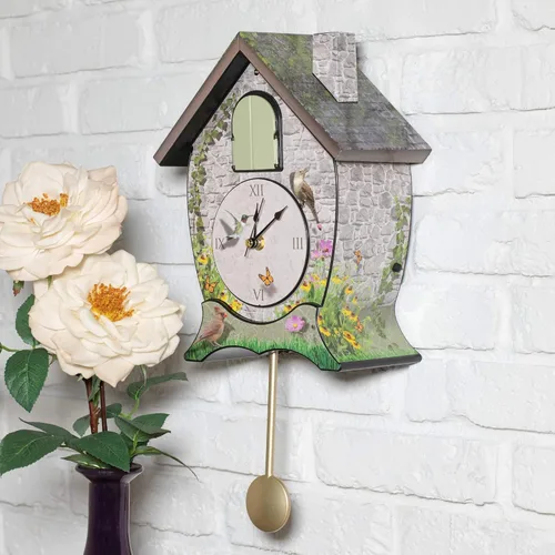 Vista 2 de Mark Feldstein Garden Cottage Singing Cardinal - Reloj de cuco con sonido de pared, 14 x 10