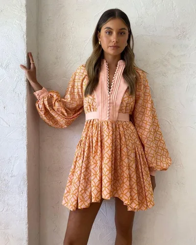 Vista 5 de Aox Women Vestido de manga con volantes y botones para la cintura, con bolsillos, mini falda con correa para la cintura