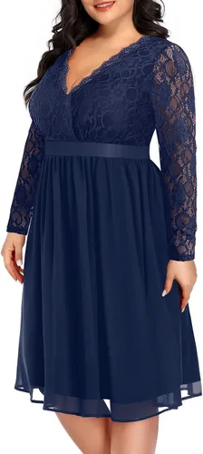 Vista 11 de Plus Size Wedding Guest Cocktail Midi Dress Lace Chiffon V Neck Wrap Negro