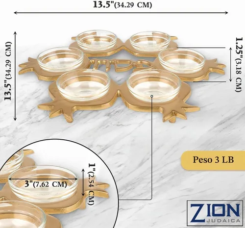 Vista 4 de Impresionante juego de seder de Pascua de granada – Plato artístico de seder con forma de granada y 6 platos de vidrio, cubierta de matzo de seda