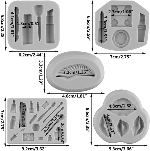 Vista 2 de Moldes de silicona con temática de maquillaje, moldes para fondant, para besos, labios, lápiz labial, perfume, pestañas, cepillo para decoración