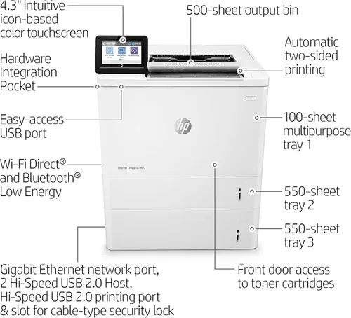 Vista 4 de HP LaserJet Enterprise M612x Impresora monocromática con Ethernet integrado, impresión de 2 caras y bandeja de papel adicional (7PS87A), color blanco