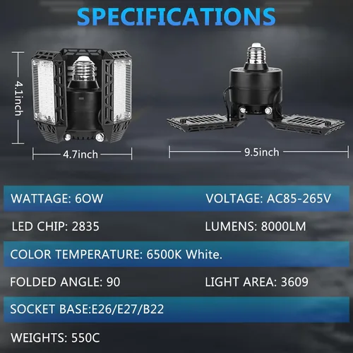Vista 5 de 4 paquetes de luces LED para garaje, 60 W, luz de techo de garaje deformable, 8000 lm, E26, luces de sótano con 3 paneles LED ajustables, se adapta