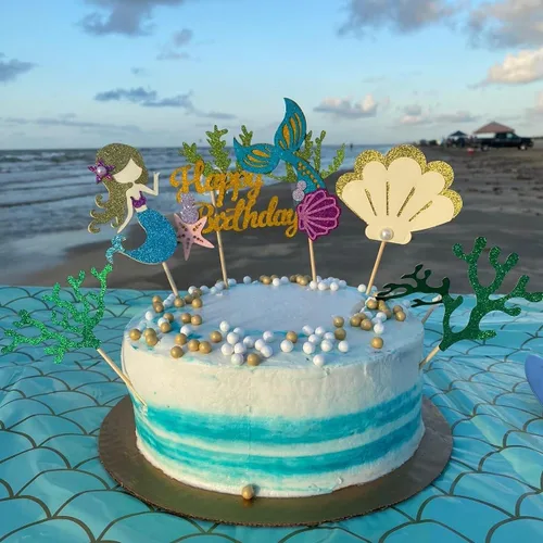 Vista 2 de ALISSAR Decoración para pastel de cumpleaños con temática de sirena con purpurina y algas marinas, decoración para cupcakes para niñas, decoración