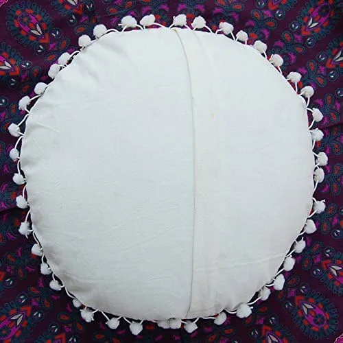 Vista 3 de Almohada redonda Suzani bohemia, fundas de cojín bordadas de 16 pulgadas, fundas de almohada decorativas, cojines indios con pompones