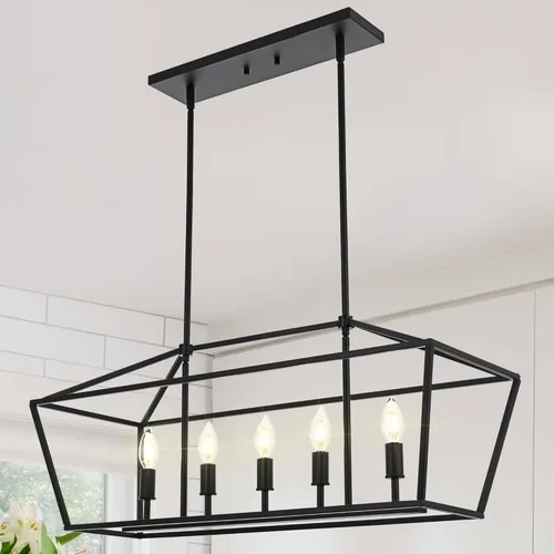 Vista 13 de Lámpara moderna de 5 luces para isla de cocina en acabado dorado, lámpara colgante industrial con marco de metal para comedor, vestíbulo, cafetería