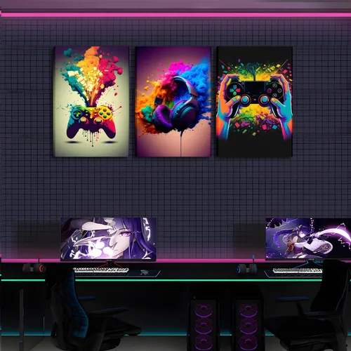Vista 5 de Juego de Arte de Pared para Decoración de Sala de Juegos de 3 Piezas - Decoración de Pared de Control de Videojuegos para Gamers, Póster de Lienzo