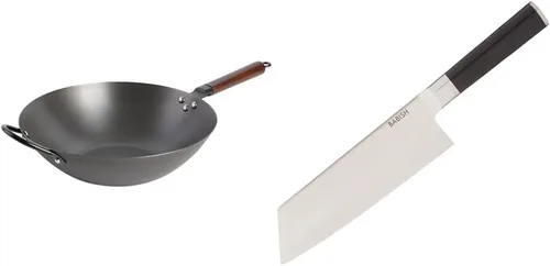 Vista 9 de Babish Wok de fondo plano de acero al carbono, sartén de 14 pulgadas y triple capa de acero inoxidable de grado profesional con tapa, 5 cuartos