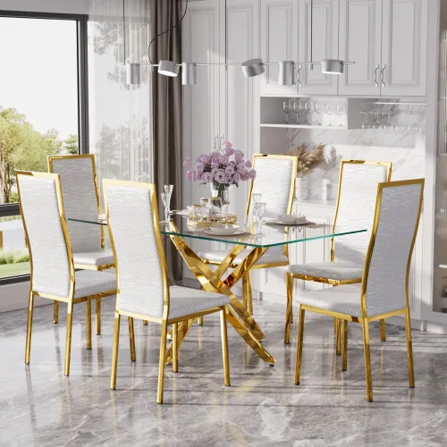 Vista 47 de Juego de mesa de comedor de cristal dorado moderno de 63 pulgadas para 6, juego de mesa de cocina rectangular de 7 piezas con patas de acero Negro