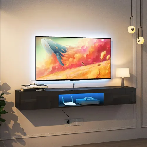 Vista 3 de Soporte flotante para TV montado en la pared con 20 LED de color, soporte de TV moderno de 63 pulgadas, gabinete de TV flotante centro