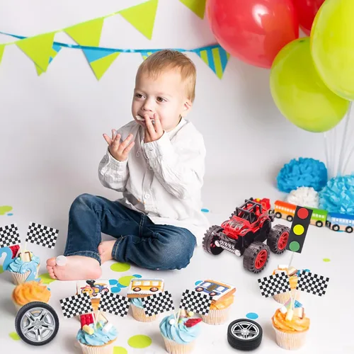 Vista 4 de MEMOVAN Decoración para tarta de camiones, decoración de tarta de camión para niños, coche de carreras para tarta de cumpleaños, decoración