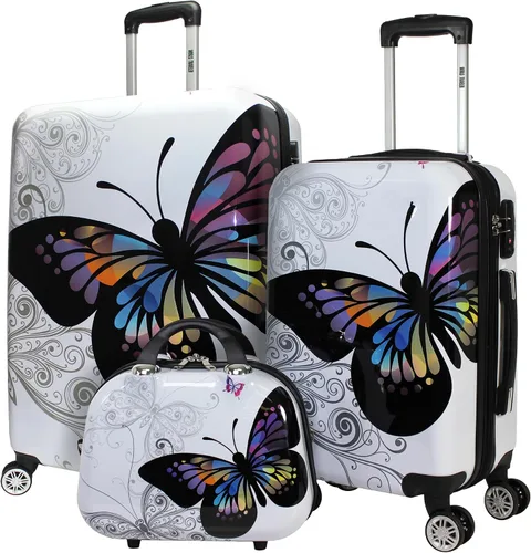 Vista 11 de World Traveler Butterfly - Juego de equipaje giratorio extensible de policarbonato rígido con sistema de ruedas mejorado, Mariposa, Juego de 2