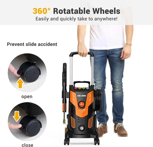 Vista 6 de Rock&Rocker Lavadora a presión mejorada de 1750 PSI, lavadora eléctrica portátil de 2.5 GPM con ruedas giratorias de 360°, 4 boquillas de conexión