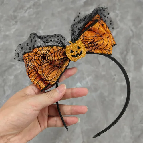 Vista 6 de Diadema de lazo de Halloween con diseño de calabaza con diseño de malla Headands Ornage para Acción de Gracias, fiesta de Halloween, accesorios