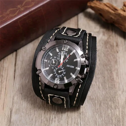 Vista 2 de Reloj de cuarzo de lujo para hombre, correa de cuero de vaca pura y ancha, estilo punk, color marrón
