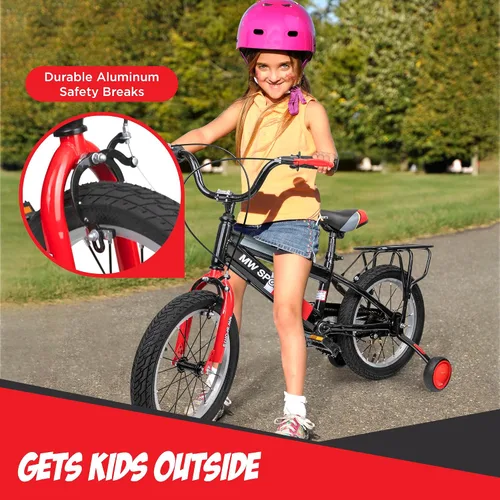 Vista 5 de Slippery Racer MW Sports - Bicicleta infantil de 16 pulgadas con ruedas de entrenamiento extraíbles, frenos de mano y estante de relé trasero