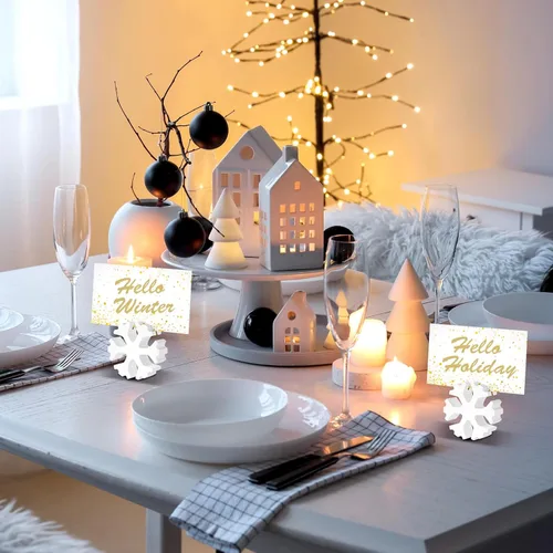 Vista 6 de Kigley 24 portatarjetas de Navidad con diseño de copo de nieve de 2.17 pulgadas, soporte de números de mesa de madera de Navidad con copo de nieve