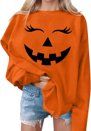 Vista 5 de Sudaderas con estampado de calabaza de Halloween para mujer, manga larga, cuello redondo, para otoño, tallas S-2XL