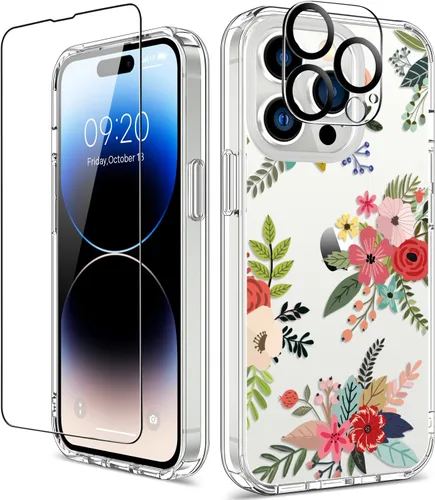 Vista 46 de Funda para iPhone 14 Pro con protector de pantalla, 6.1 pulgadas, transparente de cuerpo completo, a prueba de golpes, diseño floral, para niñas