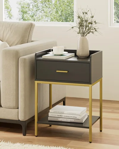 Vista 3 de Mesita de noche, mesita de noche moderna de 3 niveles, mesita de noche con cajón de almacenamiento y estante, mesa auxiliar pequeña para dormitorio
