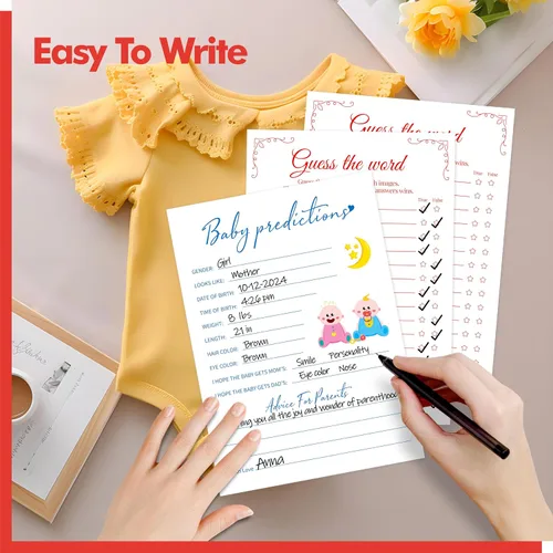 Vista 5 de 55 piezas de juegos de baby shower, tarjetas de predicciones y adivina la frase con respuestas incluidas, juegos de baby shower divertidos de género