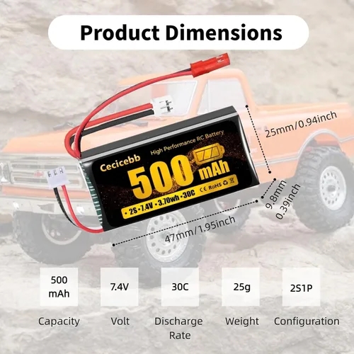 Vista 2 de Batería Lipo de 7.4 V 2S 30C 500mAh recargable RC Lipo con JST y PH2.0 enchufe para Axial SCX24 RC Car y 1/10, 1/16, 1/18, 1/24 RC Cars Vehículos